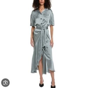 Burberry NEW Emily Mineral Blue 100% SILK Satin Tie Waist Shirt Dress Size 10